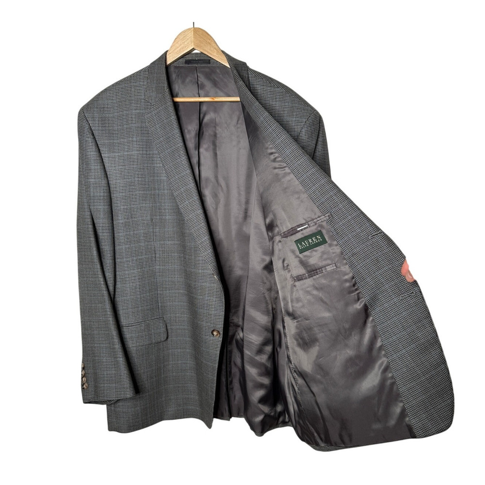 Ralph Lauren 50R Houndstooth Plaid 2 Button Blazer $350  Silk&Wool Jacket Gray - Picture 3 of 10